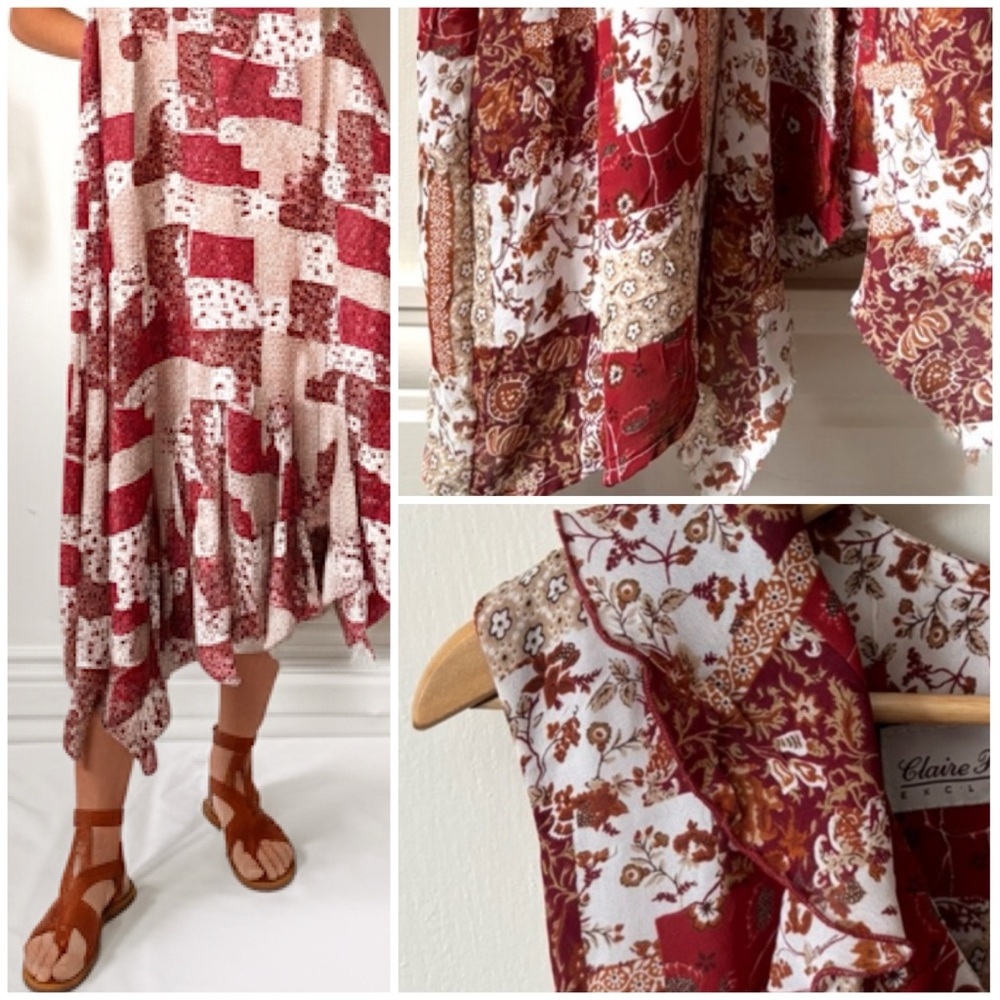 90s Vintage Claire France Patchwork Floral Print Asymmetrical Ruffle Maxi Dress